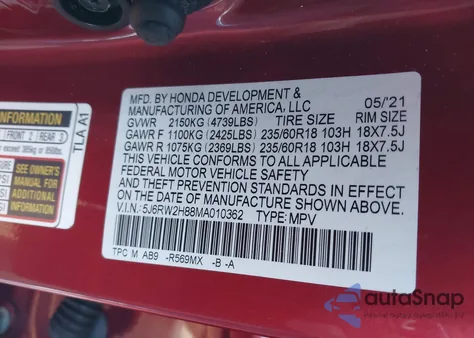 2021 Honda Cr-V Awd Ex-L from USA, damaged, VIN 5J6RW2H88MA010362